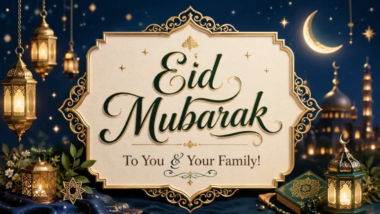 120+ heartfelt Eid Mubarak wishes and blessings with crescent moon and mosque