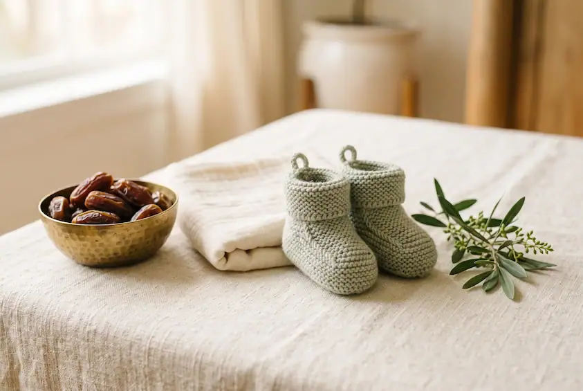 Soft cream baby blanket and dates in morning light beside a wooden bowl