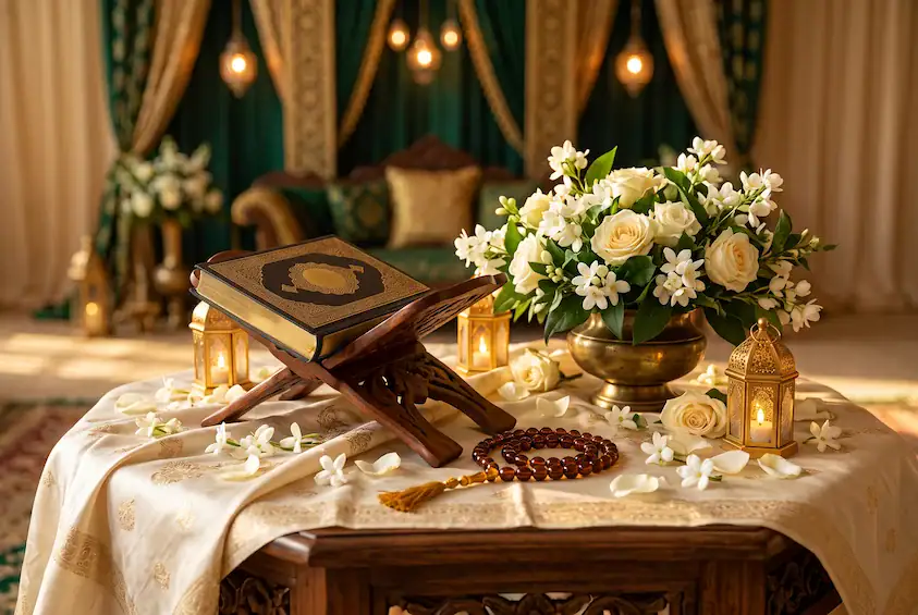 Hands raised in dua at a nikah ceremony beside a Quran and flowers