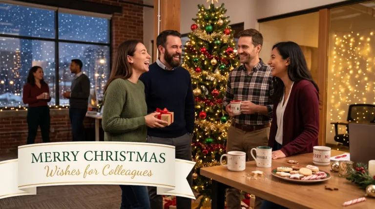 Merry christmas wishes for colleagues card with festive decorations and gold lettering