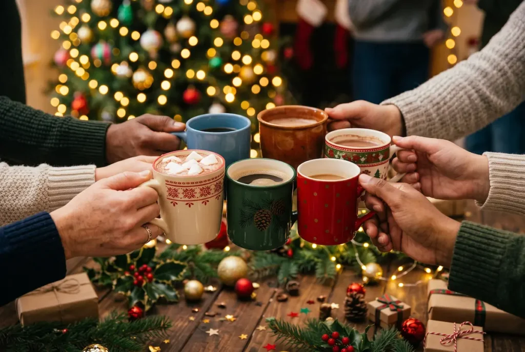 Office team celebrating Christmas together with a decorated tree and gifts