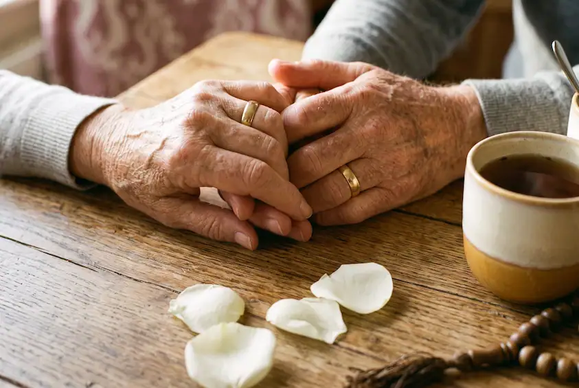 Older couple's hands resting together beside prayer beads and tea
