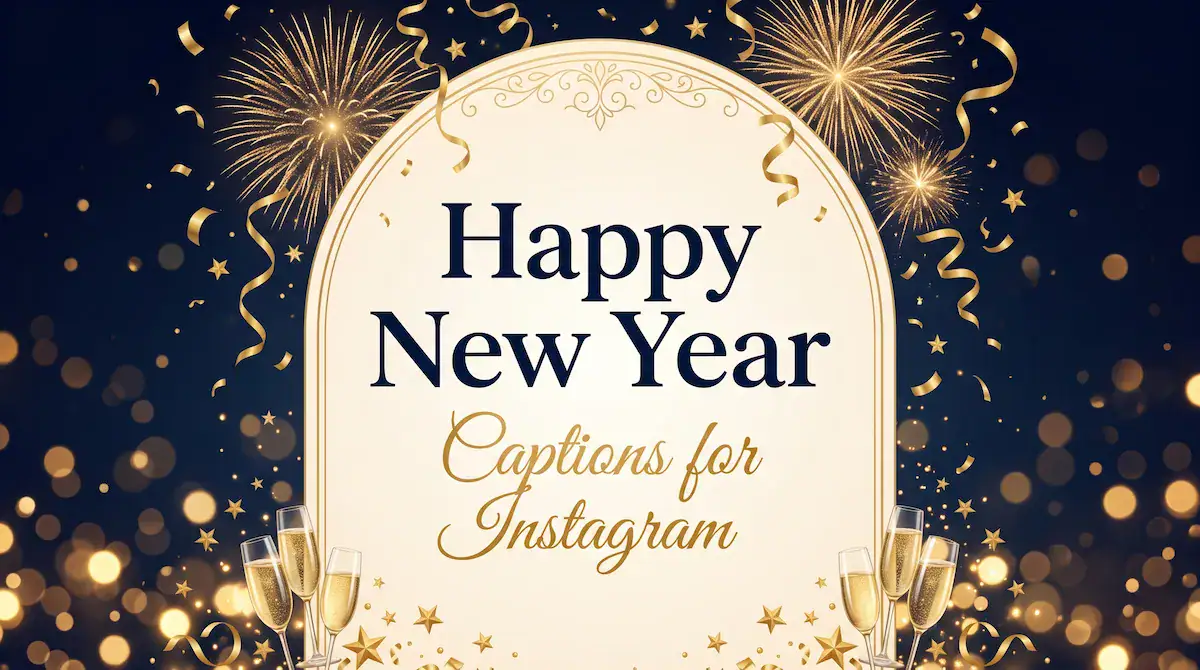 Happy new year captions for Instagram card with fireworks, confetti and gold lettering