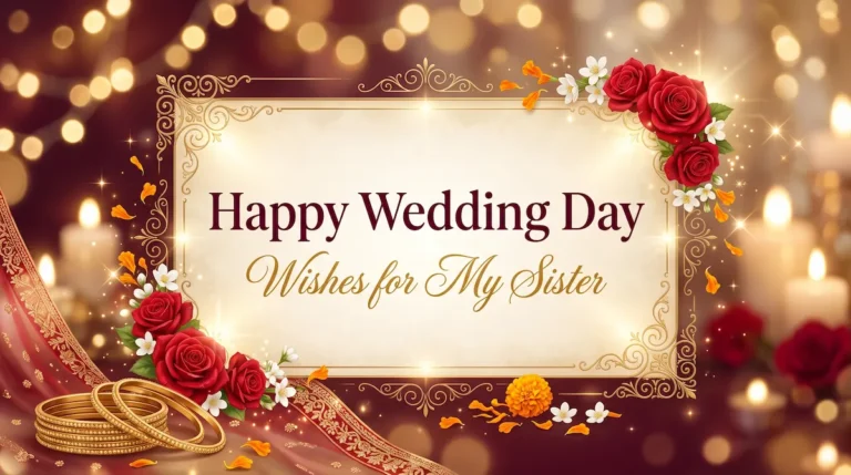Happy wedding day wishes for my sister card with roses, bangles and candles