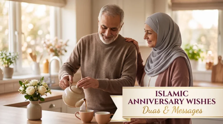 Islamic anniversary wishes card with rings, roses and gold lettering