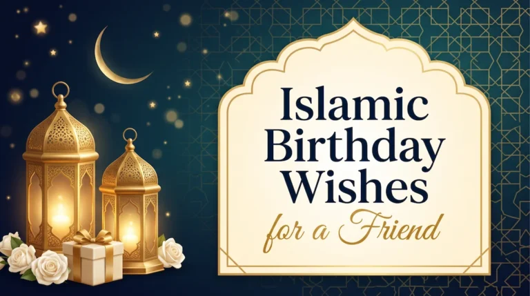 Islamic birthday wishes for a friend card with lantern, crescent and gold lettering