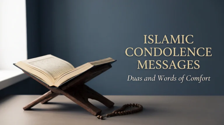 Islamic condolence messages with soft dawn light over a mosque arch