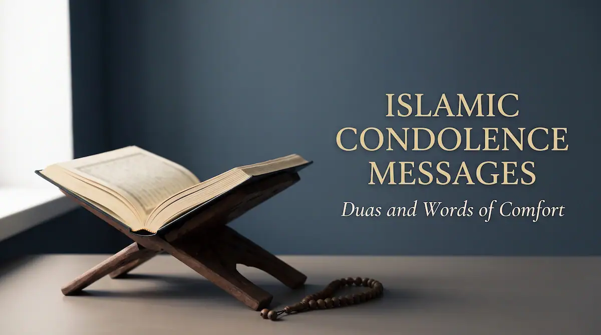 Islamic condolence messages with soft dawn light over a mosque arch