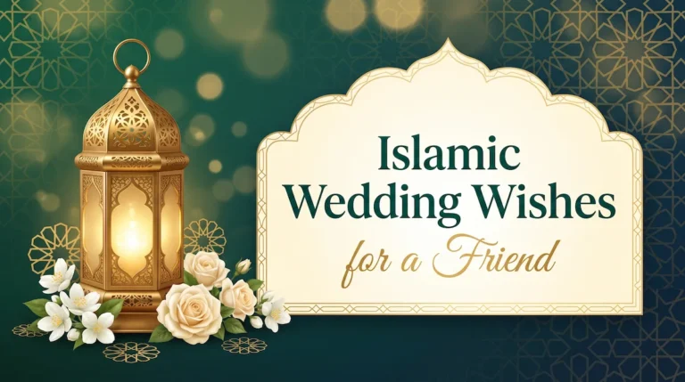 Islamic wedding wishes for a friend card with Arabic calligraphy and gold lantern