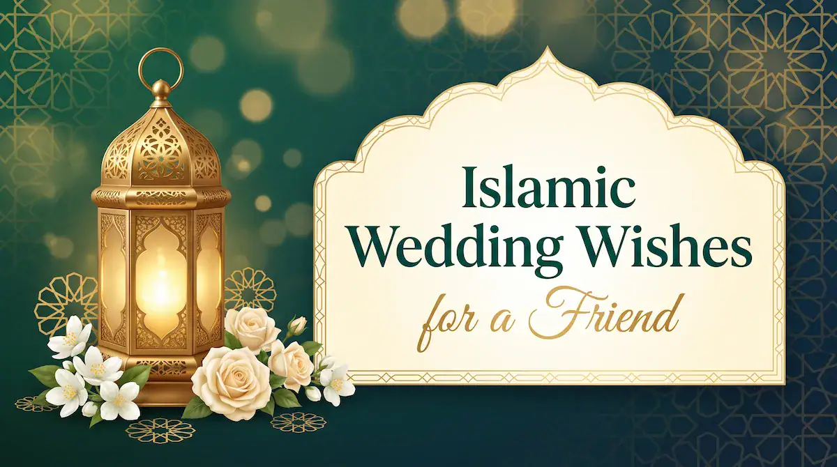 Islamic wedding wishes for a friend card with Arabic calligraphy and gold lantern