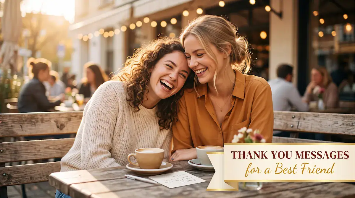 Thank you messages for a best friend card with warm golden lettering and flowers