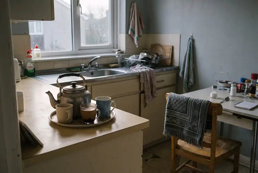 Folded prayer mat and a cooling cup of tea in an empty kitchen at dawn