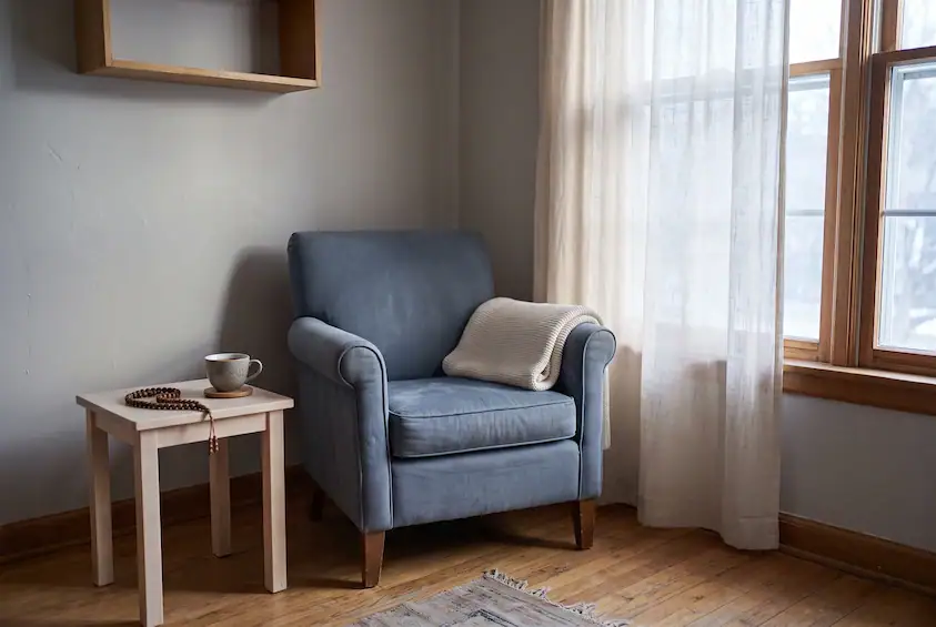 Empty armchair and prayer beads beside a window in soft morning light