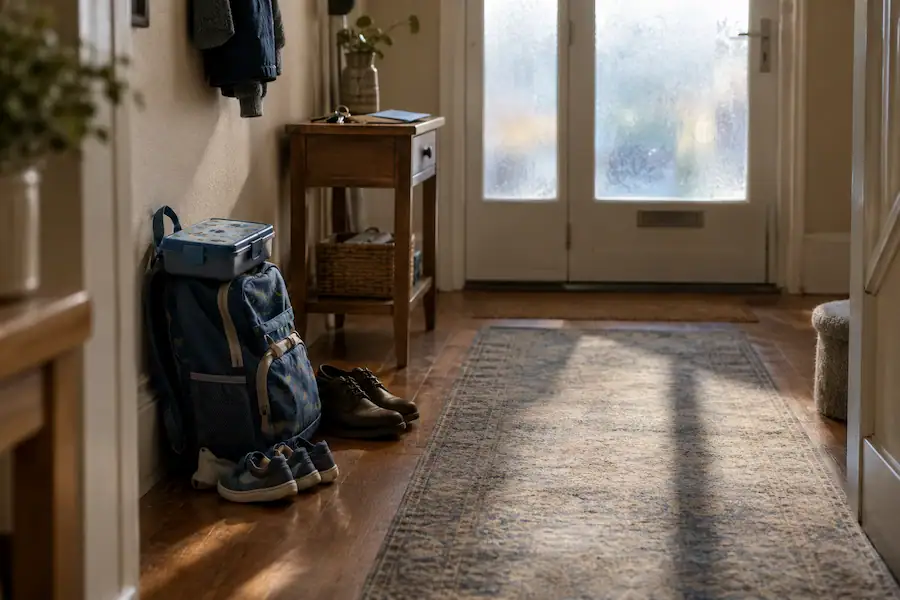 Islamic condolence messages for loss of wife, a child's school bag and lunchbox waiting by the front door