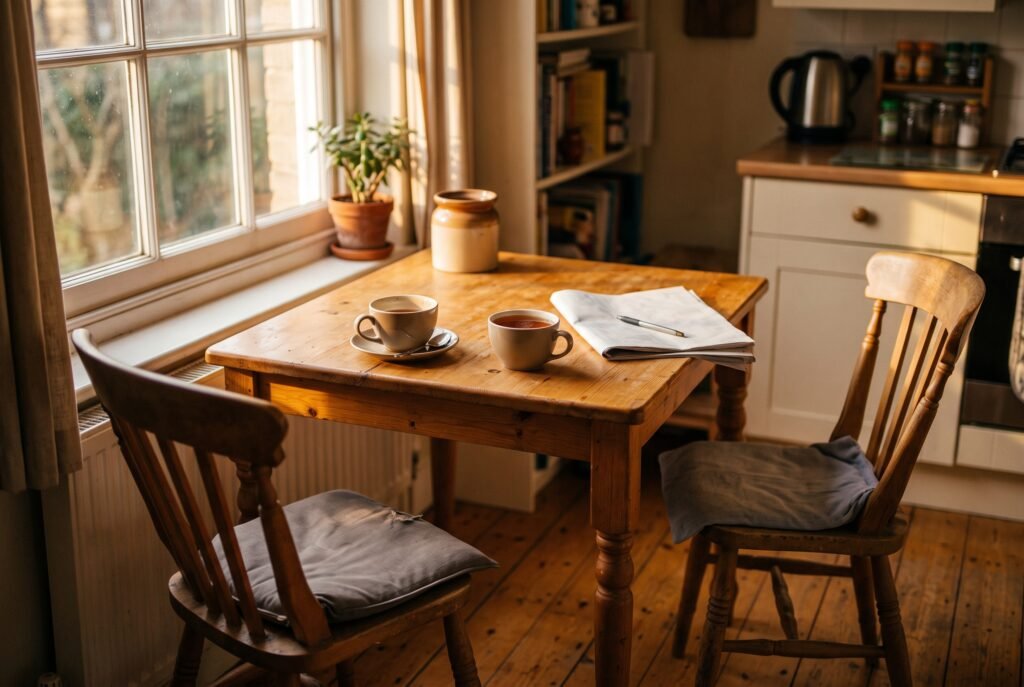 Two teacups on a kitchen table with one left untouched in late afternoon light