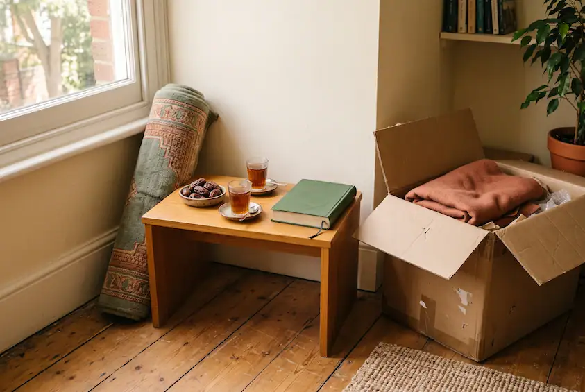 Prayer mat and dates arranged in the quiet corner of a newly moved-into Muslim home