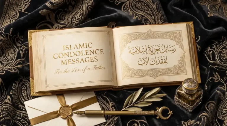 Islamic condolence messages for loss of father in serif and script lettering on a framed card