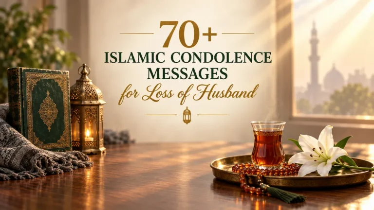 Islamic condolence messages for loss of husband in serif and script lettering above a still window scene