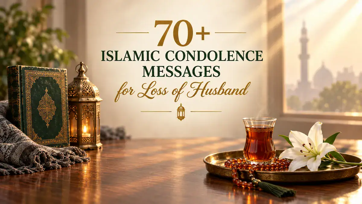 Islamic condolence messages for loss of husband in serif and script lettering above a still window scene