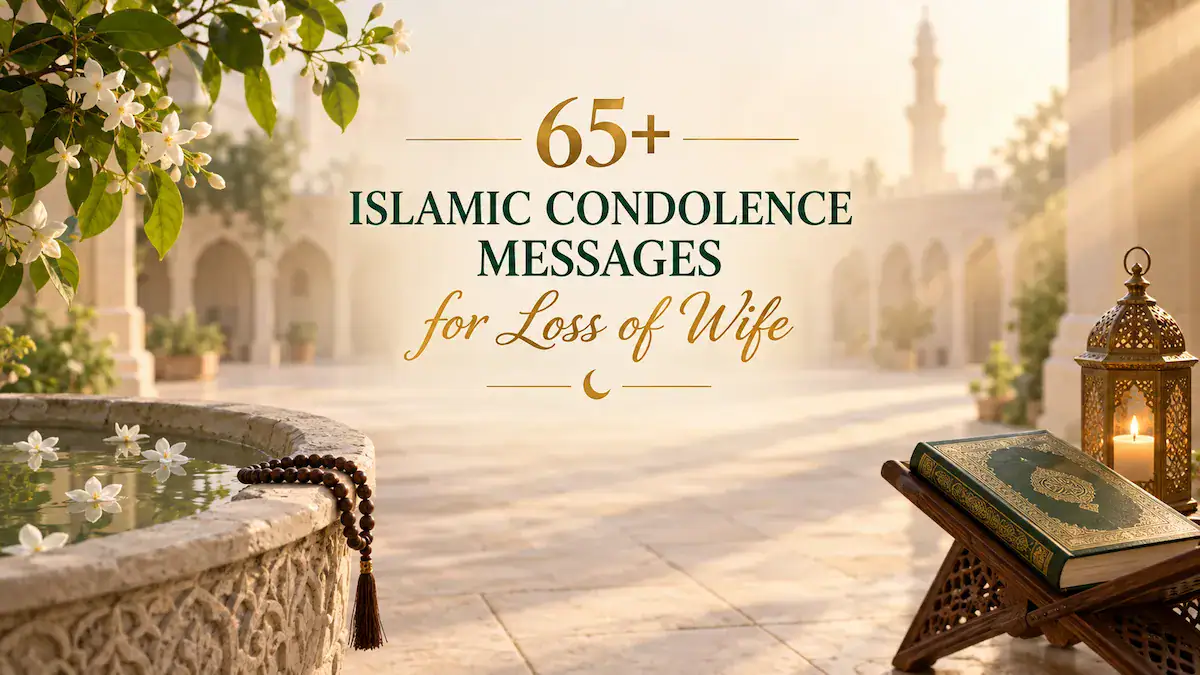 Islamic condolence messages for loss of wife in gold serif and script lettering in a quiet courtyard