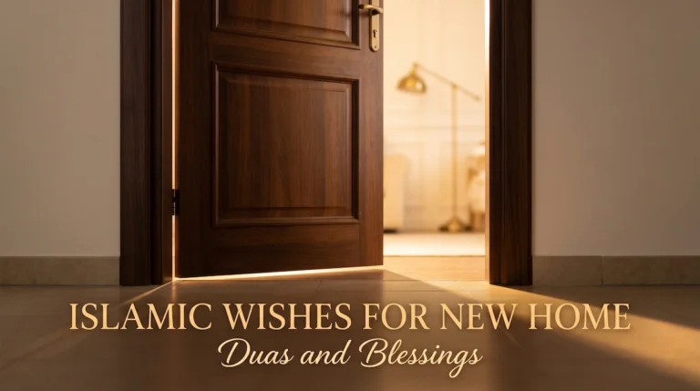 Islamic wishes for new home lettering in serif capitals and script across a sunlit open doorway
